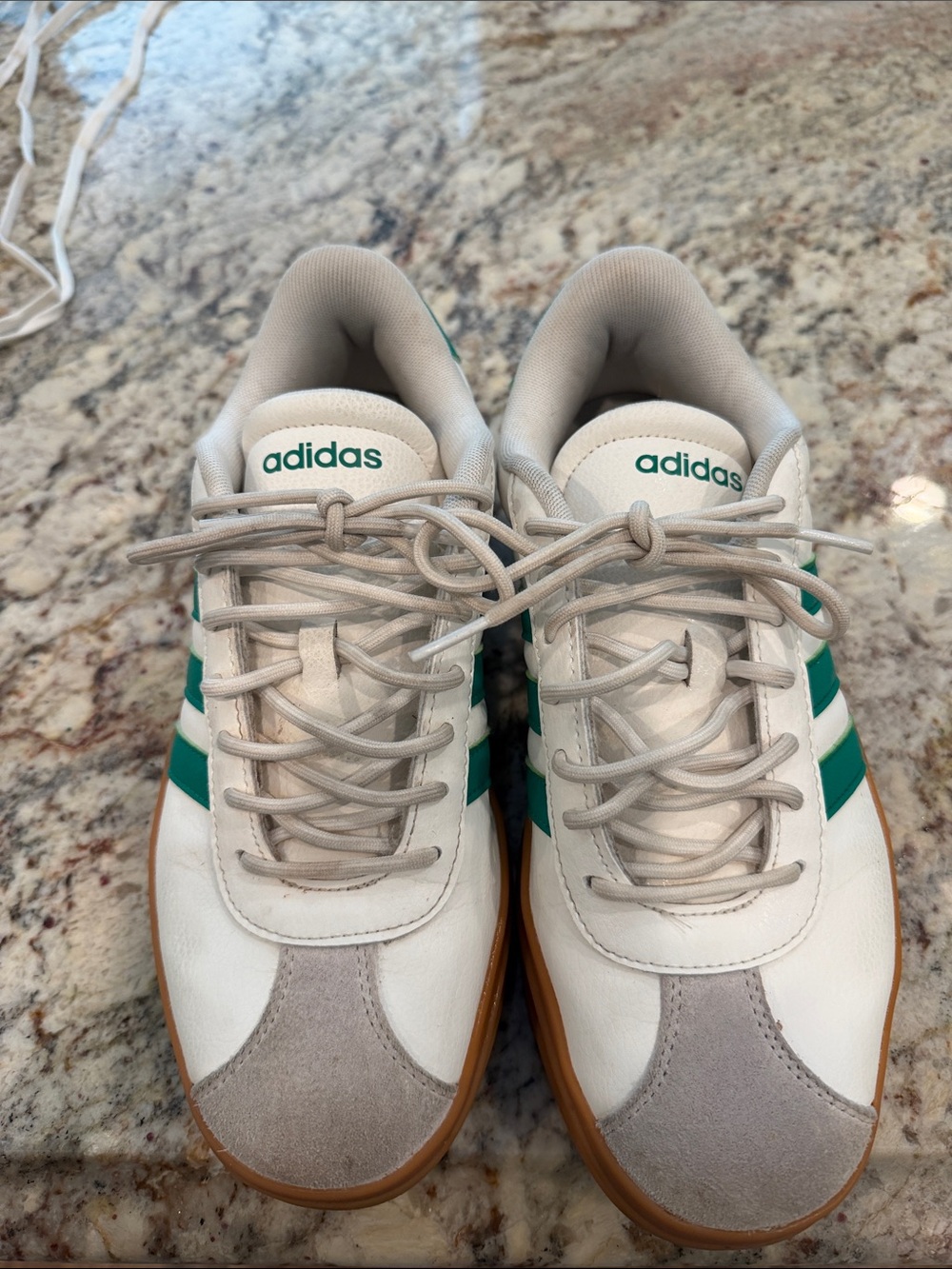 adidas White Sneakers with Green Stripes and Gum Sole